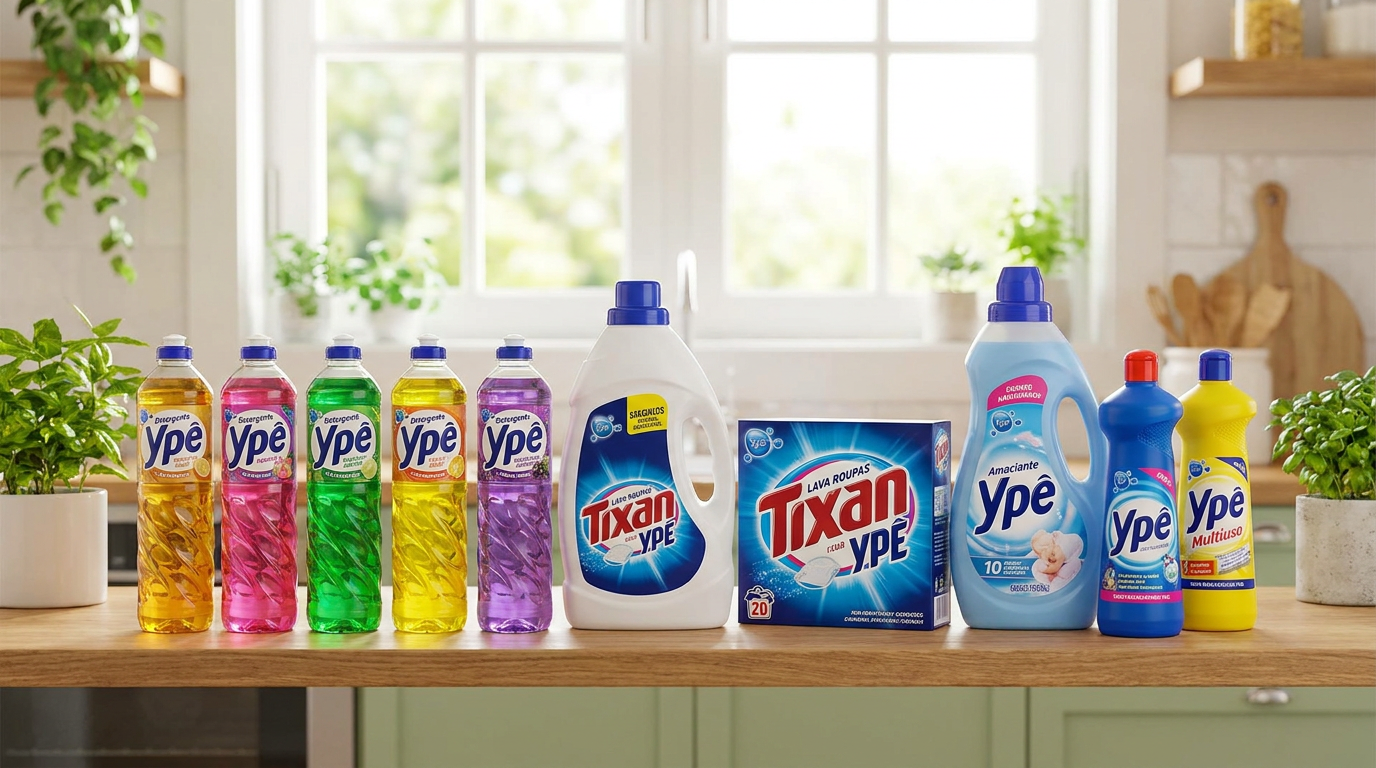 Detergentes Ypê coloridos, sabão líquido Tixan Ypê branco, lava roupas em pó e amaciante em bancada de cozinha.