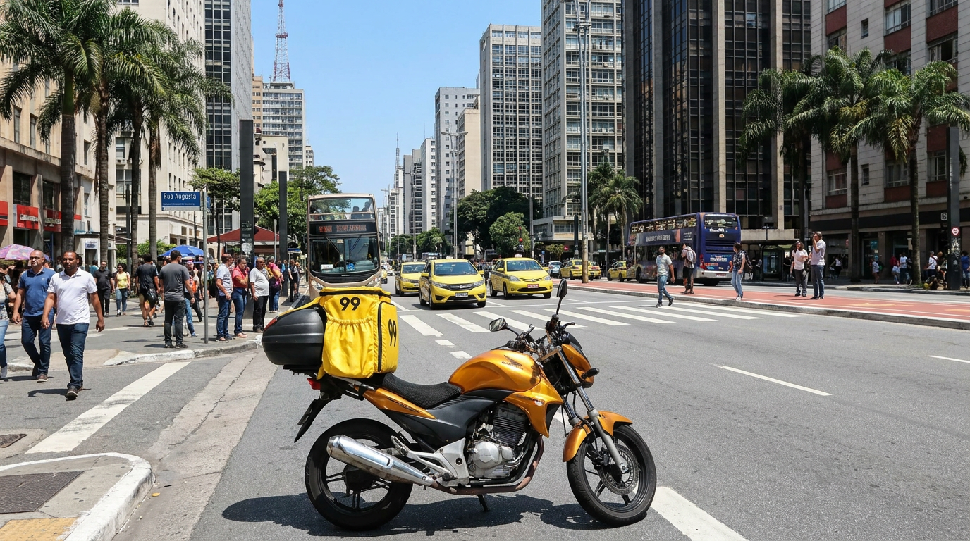 Moto de entregador 99 estacionada na rua.