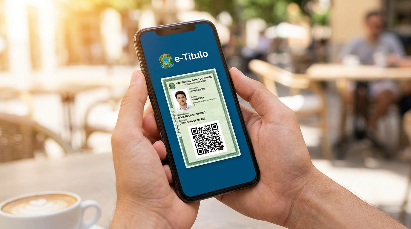 Mãos segurando smartphone com app e-Título mostrando título de eleitor digital com foto e QR Code.