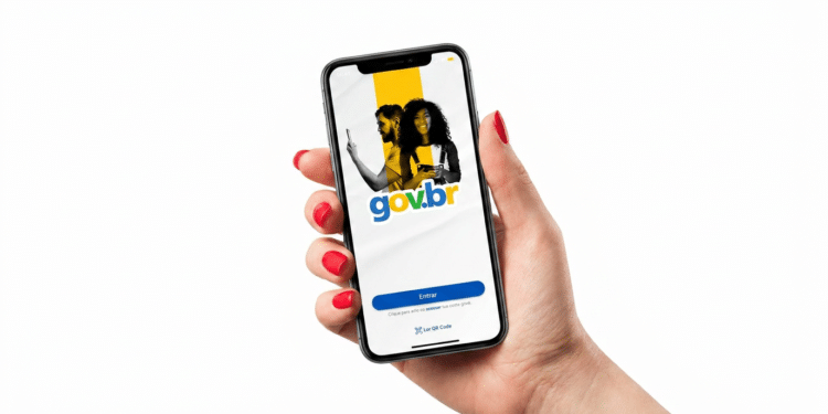 Aplicativo gov.br exibido em smartphone para acesso a serviços digitais.