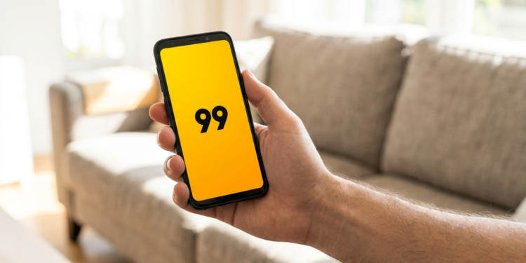 Mão masculina segurando celular com app 99 aberto na tela.