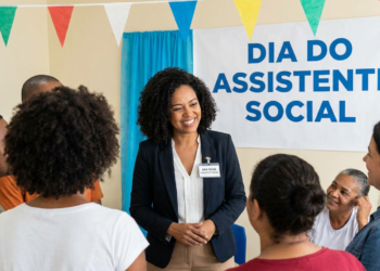 Assistente social Ana Silva sorri ao interagir com grupo em evento decorado com bandeirolas coloridas.