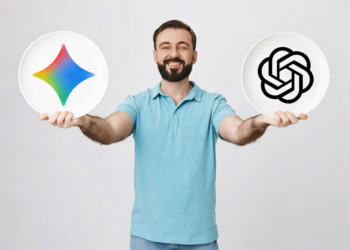 Homem exibindo logos das IAs.