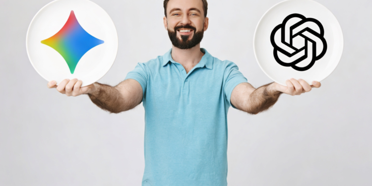 Homem exibindo logos das IAs.