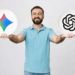 Homem exibindo logos das IAs.
