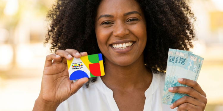 Mulher negra segurando cartão do Bolsa Família e cédulas de R$ 100,00.