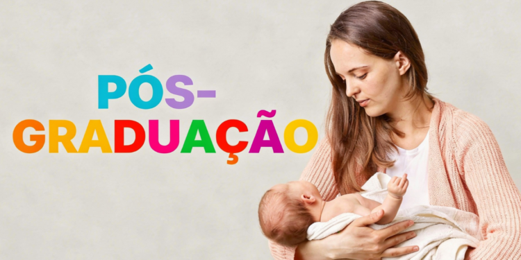 Mulher segurando bebê e nome "Pós-Graduação" ao lado.
