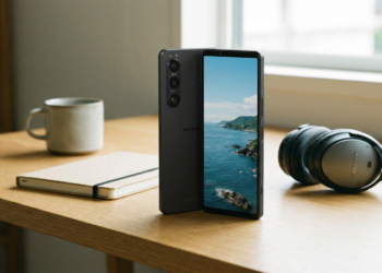 Smartphone Sony Xperia 1 V preto com lentes ZEISS ao lado de fone WH-1000XM, caderno e xícara sobre mesa.
