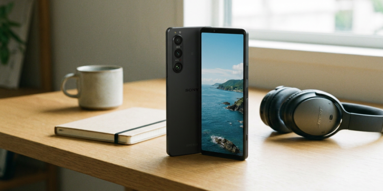 Smartphone Sony Xperia 1 V preto com lentes ZEISS ao lado de fone WH-1000XM, caderno e xícara sobre mesa.