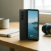 Smartphone Sony Xperia 1 V preto com lentes ZEISS ao lado de fone WH-1000XM, caderno e xícara sobre mesa.
