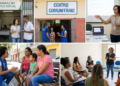 Funcionários com crachás conversam em atendimento sob placa verde "Carreiras no Serviço Social" em ambiente institucional.
