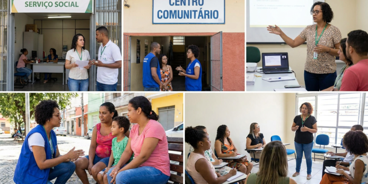 Funcionários com crachás conversam em atendimento sob placa verde "Carreiras no Serviço Social" em ambiente institucional.
