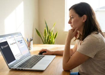Mulher concentrada usando laptop com abas abertas do ChatGPT, Google Gemini e Microsoft Copilot em mesa de madeira.