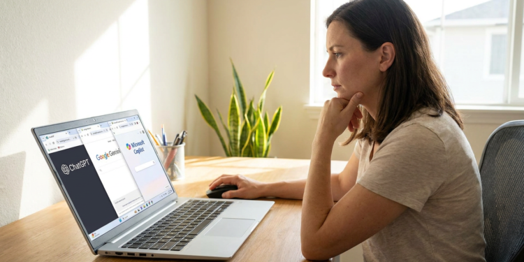 Mulher concentrada usando laptop com abas abertas do ChatGPT, Google Gemini e Microsoft Copilot em mesa de madeira.