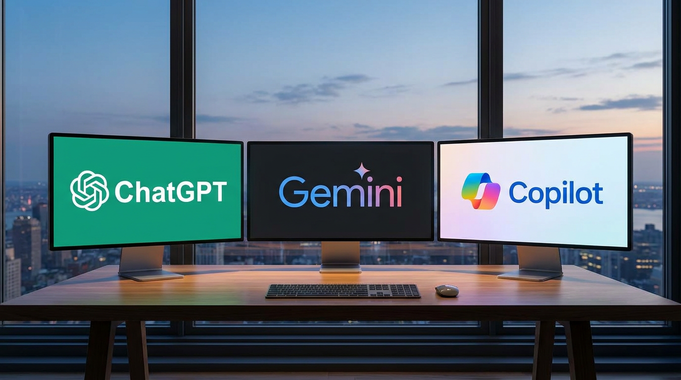 Três monitores em mesa de madeira exibem logos ChatGPT (verde), Gemini (preto) e Copilot (branco claro).