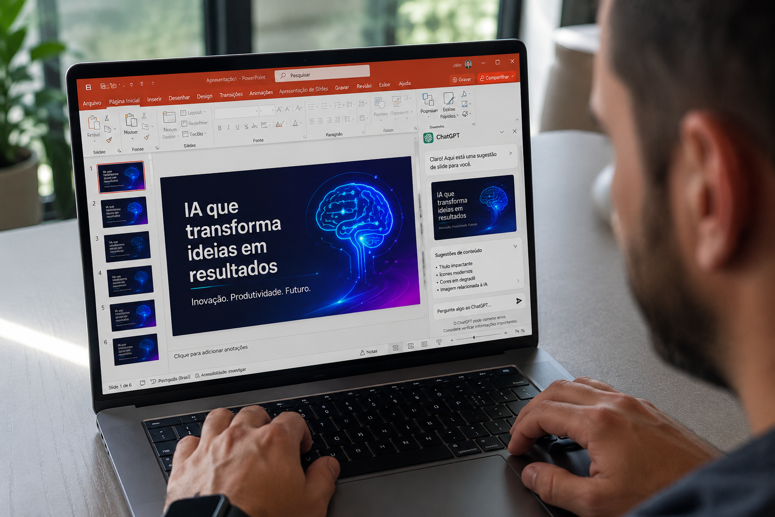 Homem usando laptop com PowerPoint e ChatGPT gerando slide sobre "IA que transforma ideias em resultados".