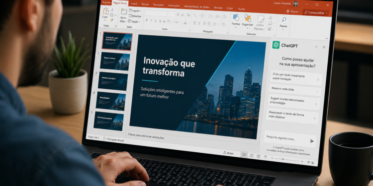 Profissional usa notebook com PowerPoint exibindo slide "Inovação que transforma" e painel lateral do ChatGPT.