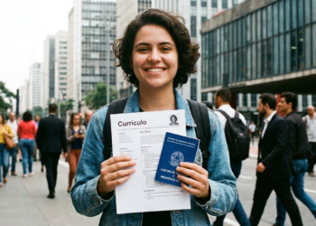 Jovem mulher de cabelo castanho curto sorri segurando currículo com nome Ana Silva e carteira de trabalho azul em avenida urbana.