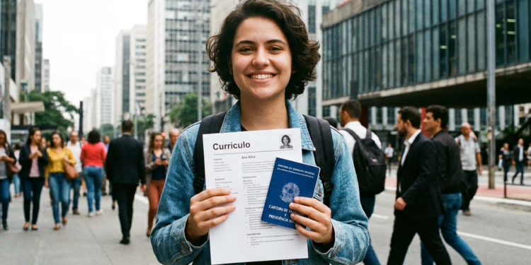 Jovem mulher de cabelo castanho curto sorri segurando currículo com nome Ana Silva e carteira de trabalho azul em avenida urbana.