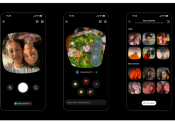 Três telas do Instagram mostrando câmera de selfie, resposta a Instant com emojis e galeria "Seus Instants" em fundo preto.