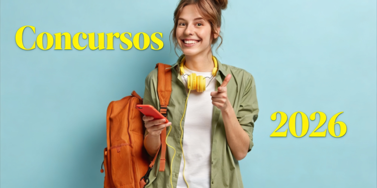 Jovem sorrindo e nome "Concursos 2026" em destaque.