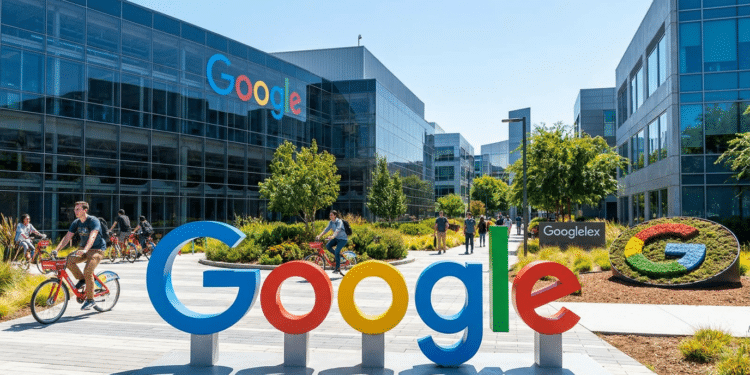 Letreiro colorido do Google com funcionários pedalando bicicletas no campus corporativo Googleplex.