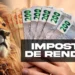 Leão ao lado de notas brasileiras de R$ 200 em leque e logo da Receita Federal.