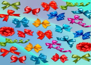 Laços coloridos de cetim em vermelho, azul, verde, rosa, amarelo e laranja sobre fundo azul degradê para teste de observação