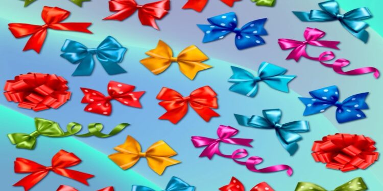 Laços coloridos de cetim em vermelho, azul, verde, rosa, amarelo e laranja sobre fundo azul degradê para teste de observação