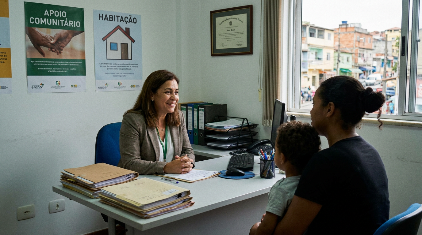 Assistente social atende mãe e filho em escritório com cartazes de Apoio Comunitário e Habitação.