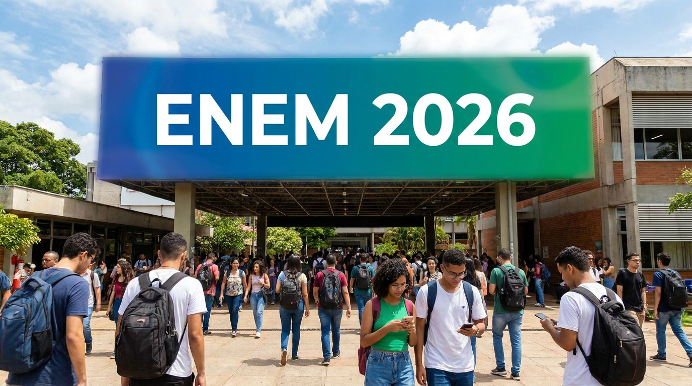 Dezenas de jovens com mochilas reunidos em pátio de universidade sob banner ENEM 2026 em degradê azul e verde.