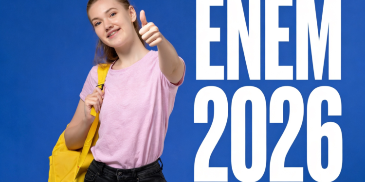 Estudante animada faz sinal de positivo ao lado do nome "ENEM 2026".