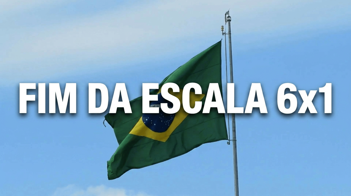 Bandeira do Brasil hasteada com céu azul e texto "FIM DA ESCALA 6x1" sobreposto em letras brancas.