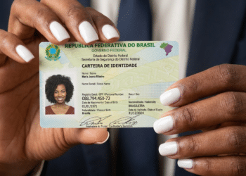 Carteira de Identidade Nacional (CIN) do Distrito Federal em mãos.