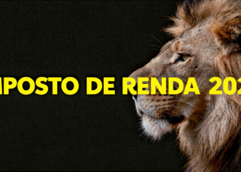 Leão em perfil com juba dourada , fundo escuro texturizado e texto amarelo "IMPOSTO DE RENDA 2026".