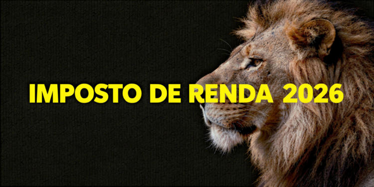 Leão em perfil com juba dourada , fundo escuro texturizado e texto amarelo "IMPOSTO DE RENDA 2026".