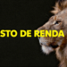 Leão em perfil com juba dourada , fundo escuro texturizado e texto amarelo "IMPOSTO DE RENDA 2026".