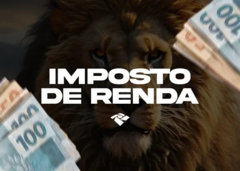 Leão cercado por notas de R$100,00 e nome "Imposto de Renda" destacado.