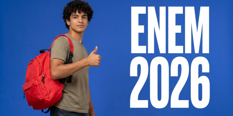 Jovem de cabelos cacheados com mochila vermelha fazendo sinal de positivo ao lado do texto ENEM 2026 em fundo azul.