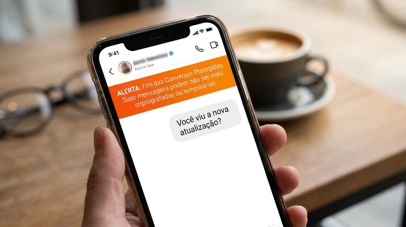 Mão segura iPhone exibindo DM do Instagram com alerta laranja sobre fim das conversas protegidas.