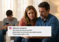 Casal de meia-idade sentado no sofá olha preocupado para celular com alerta do Instagram sobre adolescente ao fundo.