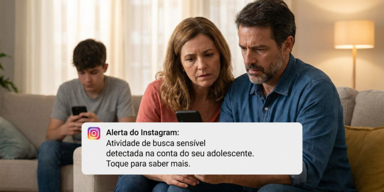 Casal de meia-idade sentado no sofá olha preocupado para celular com alerta do Instagram sobre adolescente ao fundo.