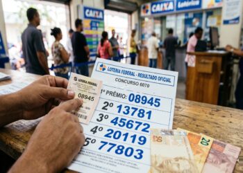 Mão segura bilhete da Loteria Federal e resultado oficial do concurso 6070 em agência da Caixa com notas de dinheiro