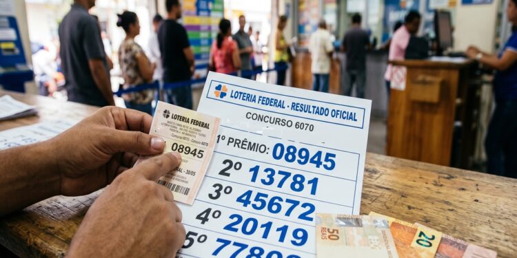 Mão segura bilhete da Loteria Federal e resultado oficial do concurso 6070 em agência da Caixa com notas de dinheiro
