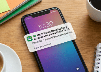 Smartphone exibe notificação do MEC sobre orientações e cronograma do ENEM 2026 sobre mesa de estudos.