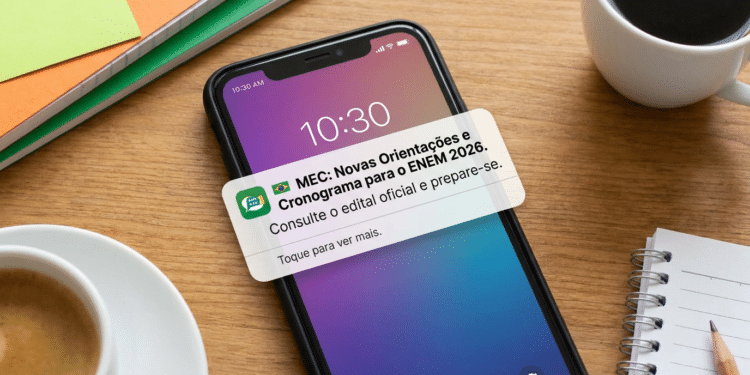 Smartphone exibe notificação do MEC sobre orientações e cronograma do ENEM 2026 sobre mesa de estudos.