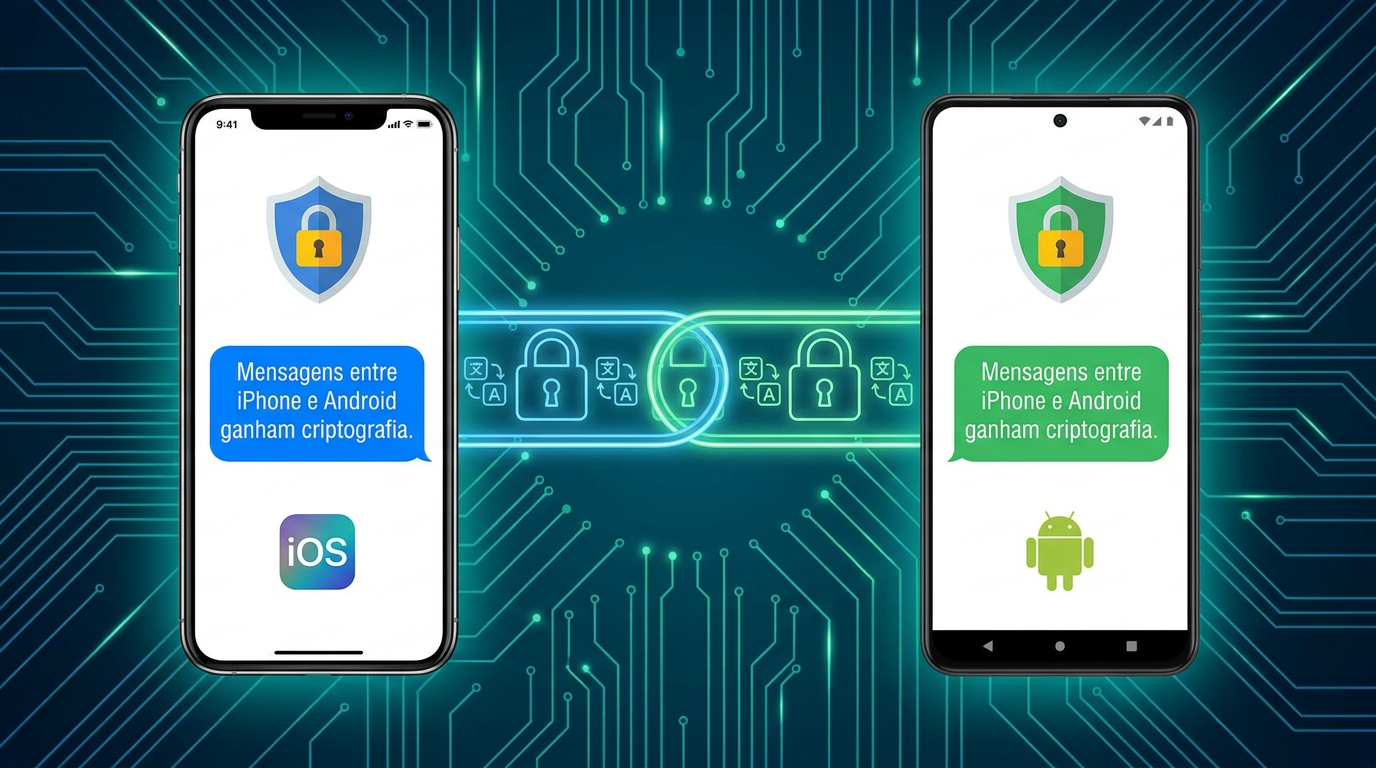 iPhone e Android lado a lado exibindo mensagem sobre criptografia RCS, ícones de cadeado e conexão criptografada ao centro.
