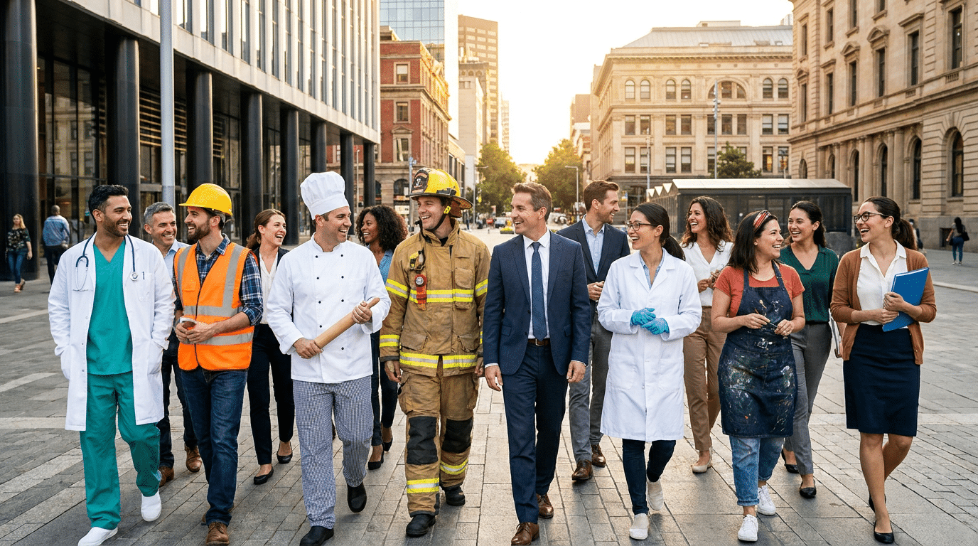 Grupo multiétnico de profissionais, incluindo médico, chef, bombeiro, executivo, cientista e artista, caminhando sorridentes.