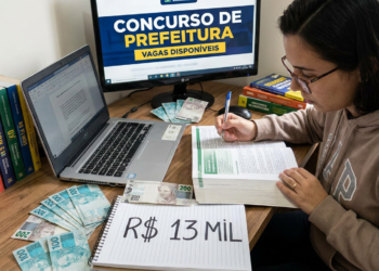 Jovem de óculos estuda apostila em mesa com notebook, monitor exibindo "Concurso de Prefeitura", dinheiro e caderno com "R$ 13 MIL"