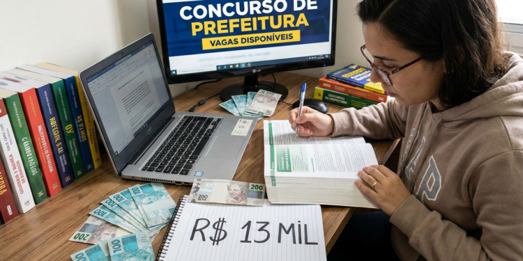 Jovem de óculos estuda apostila em mesa com notebook, monitor exibindo "Concurso de Prefeitura", dinheiro e caderno com "R$ 13 MIL"